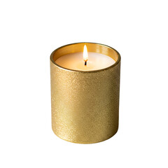 Isolated Realistic Lit Candle In Gold Sparkle Jar