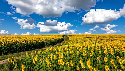 Vast field of yellow flowers and pathway, under a bright blue sky