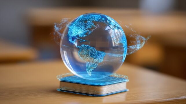 Study with AI helper, A glowing holographic globe rests on an open book, knowledge and a global perspective in a modern, digital context