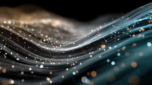 Flowing Waves of Glowing Light Particles in Golden and Teal Colors with Soft Motion