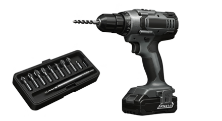 Photo of a Black Drill and Socket Set Isolated on Black