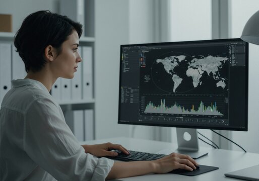 A woman at her office, monitoring data on a computer screen.