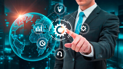 Businessman touching virtual gear with global network, symbolizing innovative technology and automation process