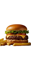 Photo Of A Juicy Burger With Fries Isolated On Black