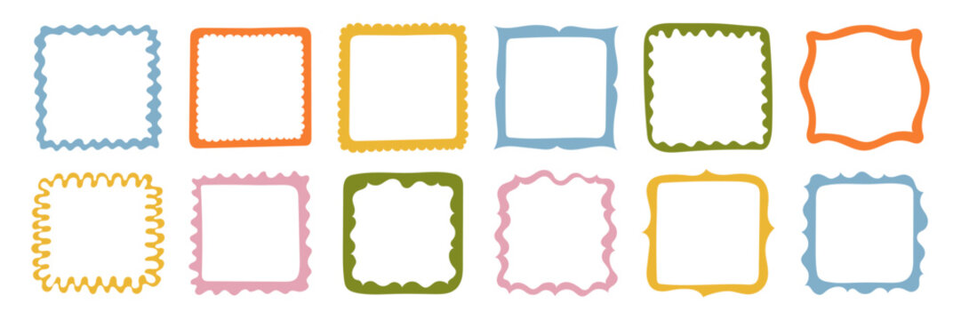A collection of colorful hand-drawn square frames. Vector decorative borders for scrapbooking, greeting cards, invitations, photo albums, labels, posters, and creative design projects. 