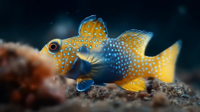 Vibrant yellow and blue fish underwater with detailed fin and scale