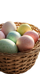 Photo of a woven basket filled with pastel easter eggs with transparent background