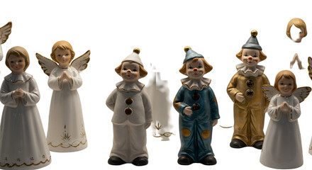 Photo of angelic figures and clowns on black background