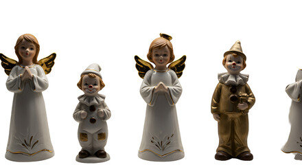 Photo of Angels and Clowns Figurines with Golden Wings on Black Background