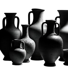 Photo of antique clay pottery vessels with handles and textured surfaces