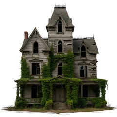 Photo of an old abandoned haunted house overgrown with vines