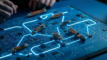 Man working on a circuit board with miniature container ships illustrating global logistics and digital supply chain. Energy industry footage. - Powered by Adobe