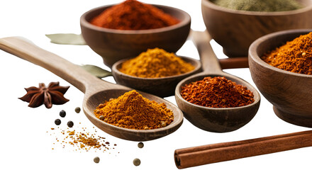 Photo of assorted spices in wooden bowls and spoons on black background