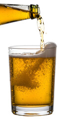 Photo of beer pouring into glass with foam and bubbles isolated