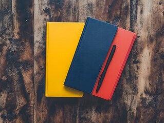 Yellow, Blue, Red Notebooks and Pen on Wooden Table