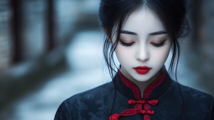 Serene Asian Woman in Traditional Red and Black Dress