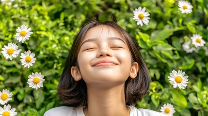 Happy Girl Surrounded by Daisies in a Garden