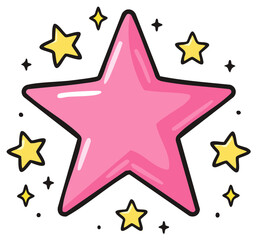 Obraz premium Cute Pink Star with Yellow Sparkles Cartoon Doodle Illustration