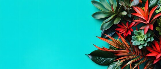 Vibrant Tropical Plants and Succulents on Teal Background