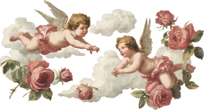 Playful vintage cherub angel flying on romantic cloud with pink rose