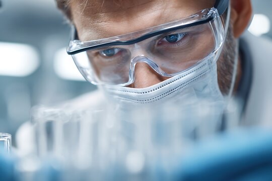 male scientist wearing safety goggles preparing equipment in sterile lab, close-up