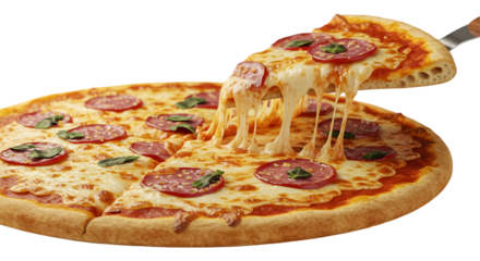 Isolated Realistic Pepperoni Pizza Slice Stretch Golden Brown Cheese