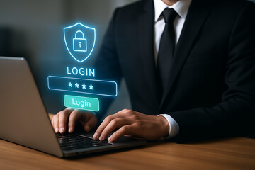 Man in business attire operating a notebook computer for a secure online login, featuring a shield and lock graphic over the password input box