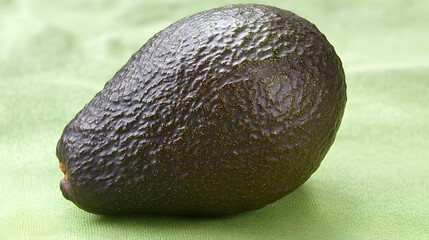 Single Ripe Avocado on Green Fabric Background Closeup