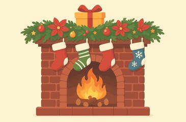A festive Christmas fireplace illustration featuring hanging stockings, glowing fire, evergreen garland, red poinsettias, and ornaments on a brick mantel. AI-generated