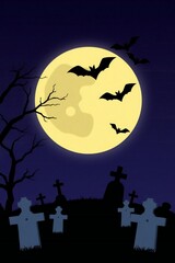 Spooky halloween night with bats flying over a graveyard under a full moon