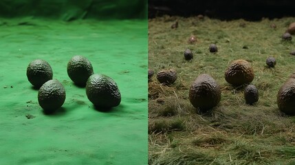 Studio and Outdoor Photos of Avocados on Green Background and Grass