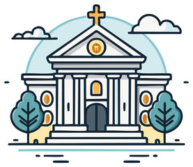 Obraz premium Stylized Illustration of a Classical Building with Cross, Columns, Steps, and Trees Against a Light Blue Sky