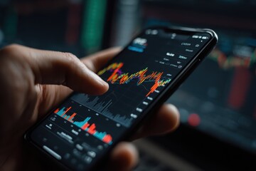 Trader using smartphone with graph on the display. Person checking exchange on black monitor screen. Online data background. Investing app. Stock market, trading cryptocurrency. Online crypto business