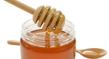 Isolated Realistic Photo Golden Honey Dripping Wooden Dipper Jar Spoon