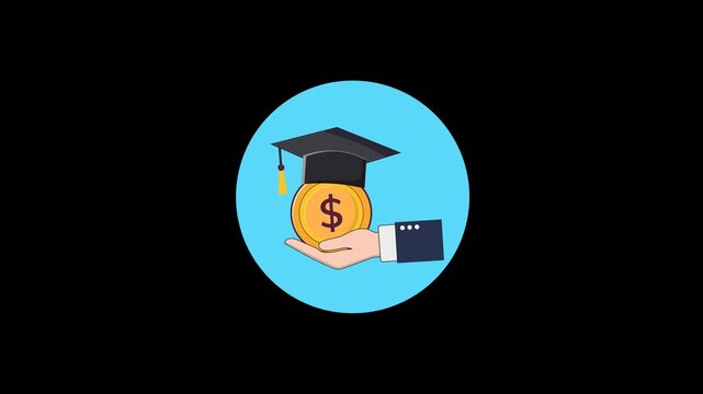 Scholarship Student Concept Animation | Hand Holding Coin with Graduation Cap | Education Funding and Financial Aid 2D Motion Graphic  - Transparent