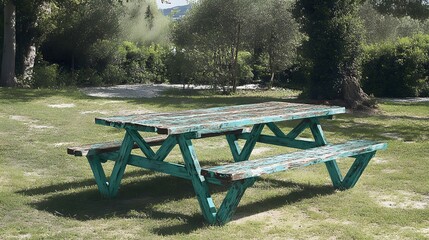 Rustic Weathered Teal Picnic Table in a Green Park
