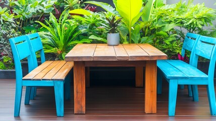 Wooden Table and Blue Chairs in Lush Garden Setting