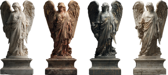 Solemn religious angel statue collection in weathered stone and rust
