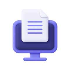 Purple computer with document file on screen. Remote work, education, online document, digital file, data management and computer work concept. 3d vector icon. Cartoon minimal style.