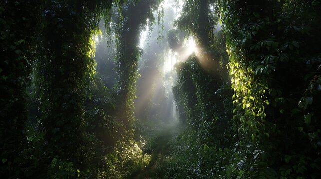 A dense canopy rainforest path with sunlight breaking through mist and thick green vines overhead