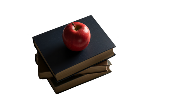 Isolated Realistic Photo Red Apple on Stacked Books Dark Background