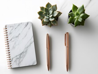 Elegant Flatlay, Marble Notebook, Rose Gold Pens, Succulents