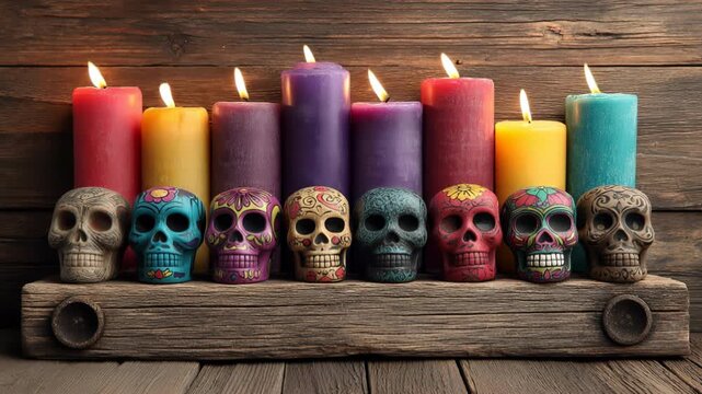 Day Of The Dead, candles and decorative skulls create flickering display rustic wooden shelf for vibrant