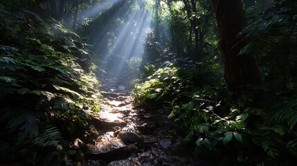 A dense jungle path lit with scattered shafts of light breaking through the canopy, ferns and roots thick underfoot