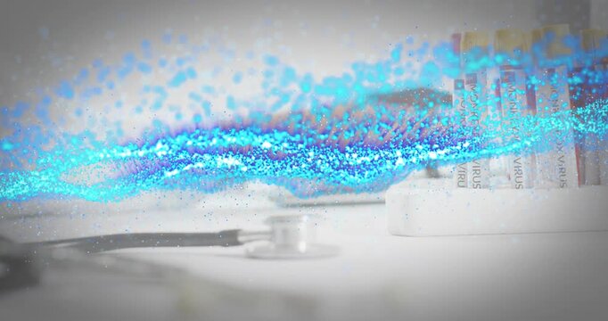 Blue particle wave from left sweeping over bench, stethoscope, monkeypox tubes visualizing data