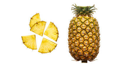 Isolated Realistic Pineapple Fruit Slices and Whole Fruit Yellow Green