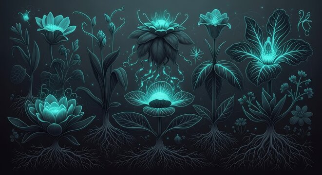 Futuristic Bioluminescent Botanical Illustration with Glowing Aqua Plants and Intricate Roots
