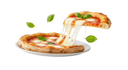 Isolated Realistic Pizza Margherita Stretch Cheese And Basil