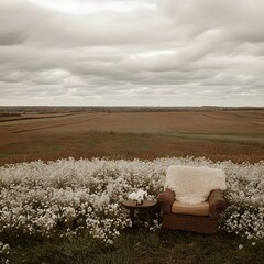 Serene Wicker Chair in Autumn Field Landscape Photography