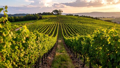 Fototapeta premium Vineyard rows stretching to a hilltop tree, bathed in warm sunlight
